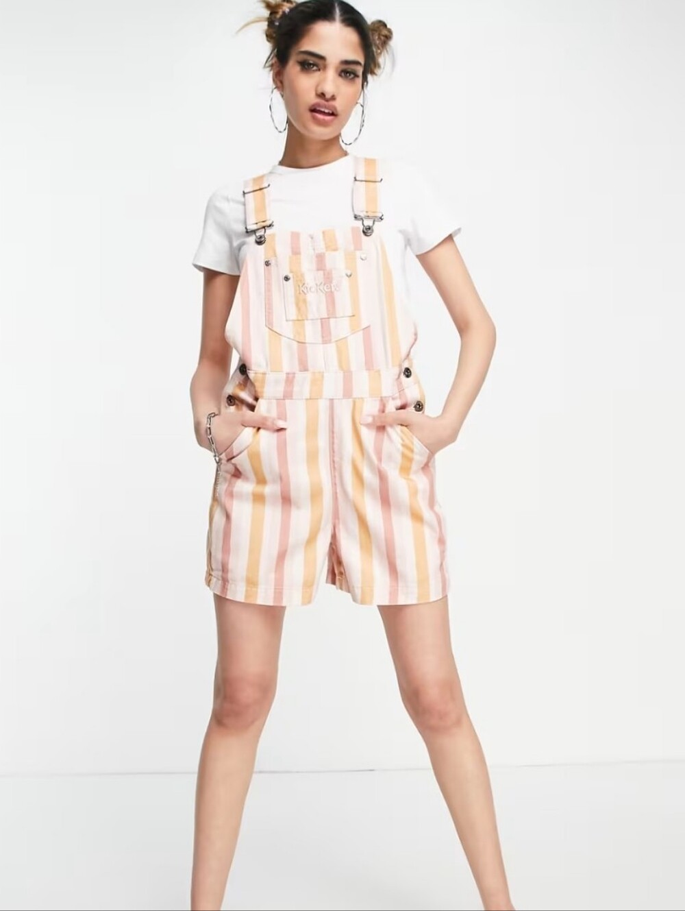 Kickers Retro Style Striped Denim Short Overalls, Size 34